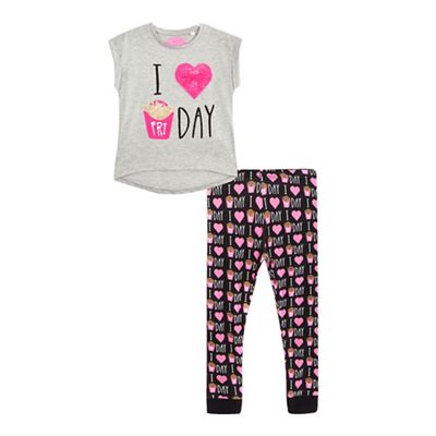 bluezoo Girls' grey 'I love fri day' print pyjama top and black bottoms set